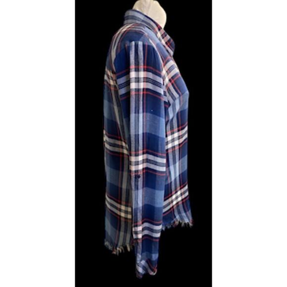 Dylan Plaid Button Front Blouse Fringe Hem Roll Up Sleeves Sz. L Packable - Picture 8 of 16